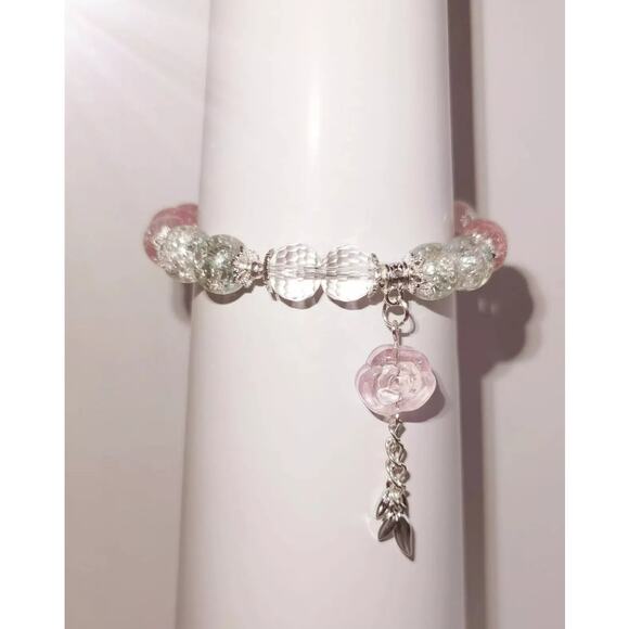 Pink White Wire Bracelet with Rose Dangle #986 - Picture 4 of 5
